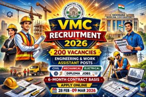VMC Recruitment 2026, Vadodara Municipal Corporation Vacancy 2026, VMC Engineering Recruitment 2026, VMC Assistant Engineer Recruitment 2026, VMC Work Assistant Vacancy 2026, VMC 200 Vacancies 2026, VMC Civil Engineer Jobs 2026, VMC Mechanical Engineer Recruitment 2026, VMC Electrical Engineer Vacancy 2026, VMC Diploma Jobs 2026, Gujarat Municipal Corporation Jobs 2026, VMC Contract Basis Jobs 2026, VMC 6 Month Contract Recruitment, VMC Government Jobs 2026, Gujarat Engineering Government Jobs 2026, VMC Apply Online 2026, VMC Advertisement 1245 2025-26, VMC Merit Based Selection 2026, VMC Age Limit 45 Years, VMC Salary 31250 Assistant Engineer, VMC Work Assistant Salary 20000, Gujarat Civil Engineering Jobs 2026, Municipal Corporation Jobs Gujarat 2026, VMC Official Notification 2026, VMC Diploma Civil Recruitment 2026